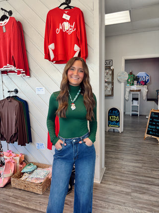 DOOR BUSTER Sleek & Chic Mock Neck Bodysuit – Dark Green