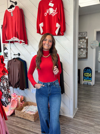 DOOR BUSTER Sleek & Chic Mock Neck Bodysuit – Red