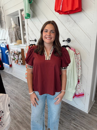 Savannah Puff Sleeve V-Neck Top Wine