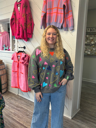 Queen of Sparkles Grey Groovy Hearts All Over Sweatshirt