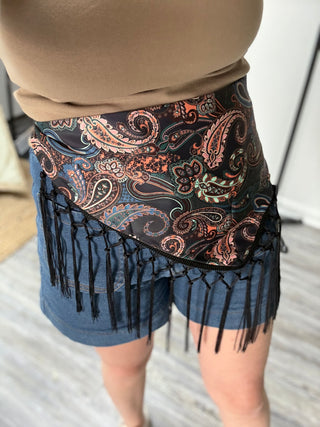 Free Spirit Paisley Fringe Waist Scarf in Navy