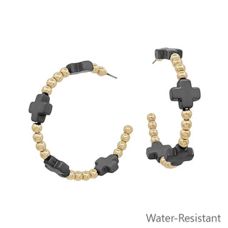 Water Resistant Gold Beaded and Black Cross Shape