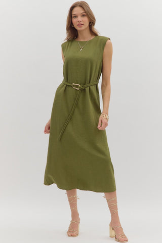 Olive Luxe Belted Midi Dress