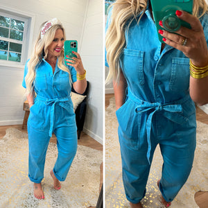 Skies are Blue Washed Utility Waist Tie Jumpsuit