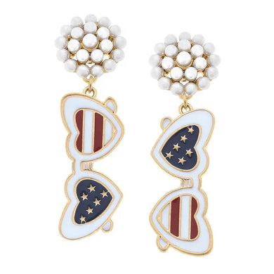 4th of July Heart Sunnies Pearl Cluster Enamel Earrings in Red and Blue