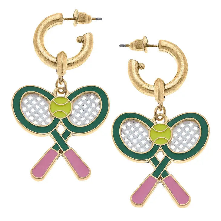 Sloan Tennis Raquet Enamel Drop Hoop Earrings in Green & Pink