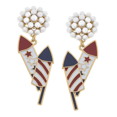 4th of July Firework Pearl Cluster Enamel Earrings in Red and Blue