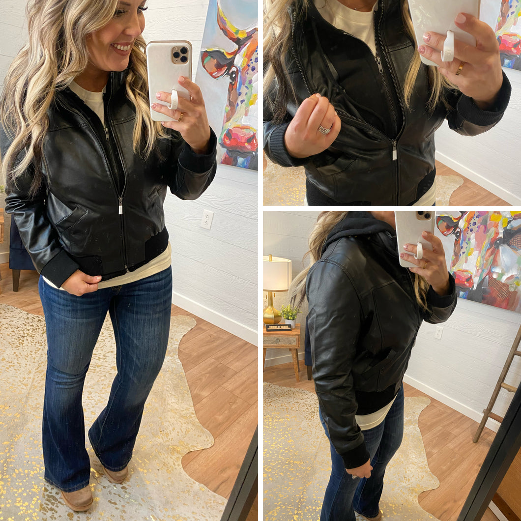 Zip Up Leather Bomber Jacket with Built in Hoodie