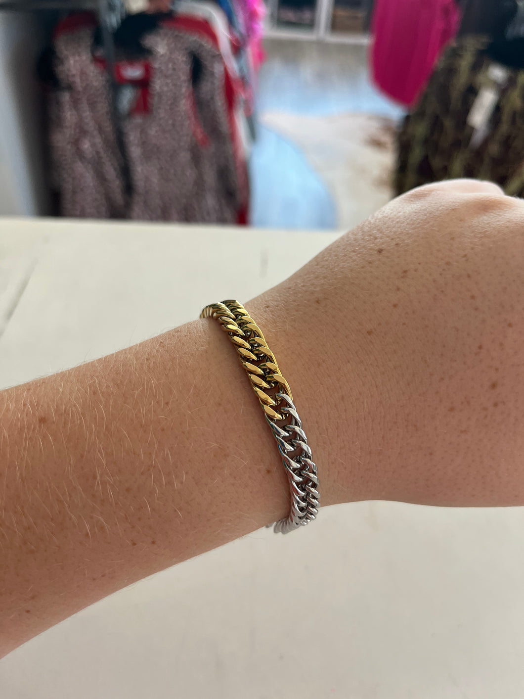 Thick Link Silver and Gold Bracelet