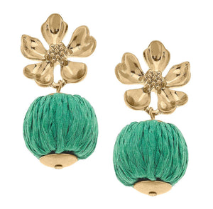 Lilah Flower Stud with Raffia Ball Earring in Green (2 Colors)