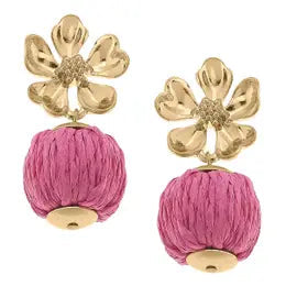 Lilah Flower Stud with Raffia Ball Earring in Green (2 Colors)